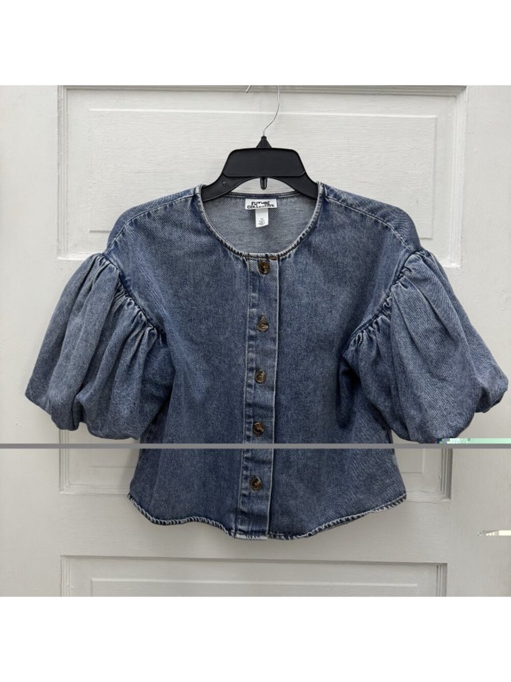 Future Collective Denim Puff Sleeve Crop Top XS Button Front Cotton Blue - Picture 1 of 7